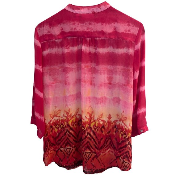 Chico's Women's Sheer Tunic Blouse Size 2 Large Mandarin Collar Button-Up Pink - Picture 2 of 7